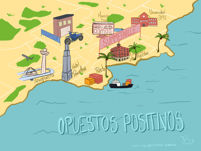 Mapa ilustrado de Summerville. Para la historia Opuestos Positivos.